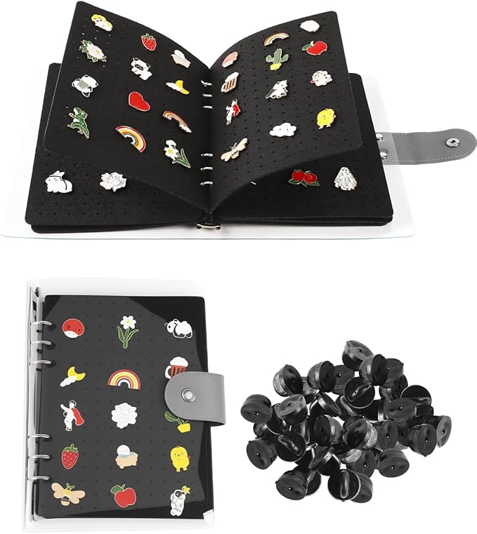 UCEC 8-Page Enamel Pin Display Book & 50 PCS Pin Backs, A5 Binder for Pins Brooches and Badges, Black Button Pinfolio Trading Organizer with Clear PVC Cover, Portable Enamel Pin Collection Storage