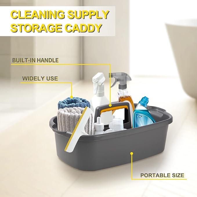 Cleaning Supplies Caddy Organizer with Handle Plastic Tool Storage Basket for bathroom, Kitchen, Under Sink,2 Pack with 2Pack Microfiber Cleaning Cloths,Gray