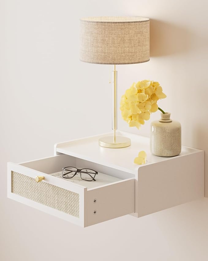 Floating Nightstand,Wall Mounted Night Stand with Drawer,Small Floating Shelves,Floating Wood Bedside Table for Bedroom、Living Room、Bathroom(No Assembly)