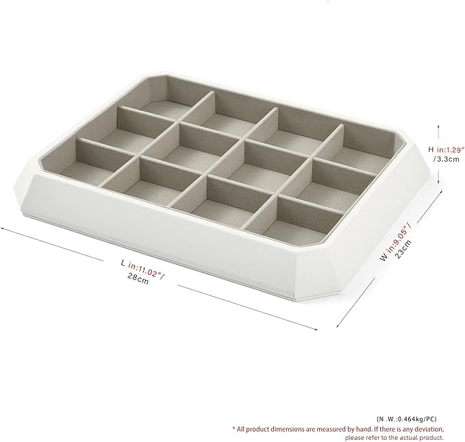 PU Leather Jewelry Organizer Tray - 12 Grid Stackable Jewelry Display for Bracelets, Earrings, Rings & Necklaces - Grey Jewelry Storage Tray for Dresser, Drawer, Store Display (11”x9”)