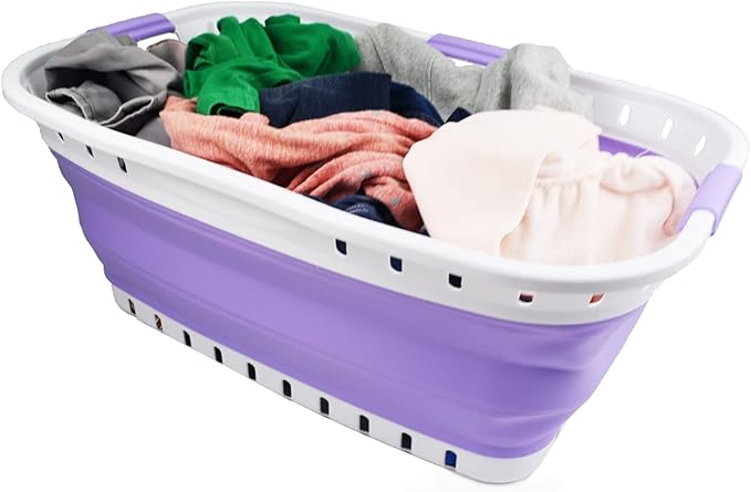 SAMMART 44L (11.62 gallon) Collapsible Plastic Laundry Basket - Foldable Pop Up Storage Container/Organizer - Portable Washing Tub - Space Saving Hamper/Basket (1, White/Lt. Purple)