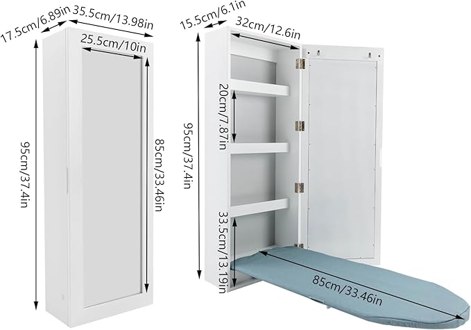 Wall Mounted Ironing Board Cabinet, Built-in Foldable Ironing Board, Wall Ironing Boards with Mirror and 2 Hooks for Home, Apartment & Small Spaces