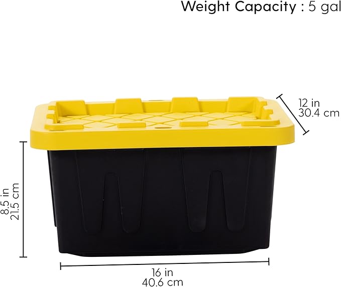 Plastic 5-Gallon Storage Tote with Lockable Lid, Stackable Tough Regular-Duty Bin for Garage, Tools, and Home Organization (4-Pack) - Black and Yellow