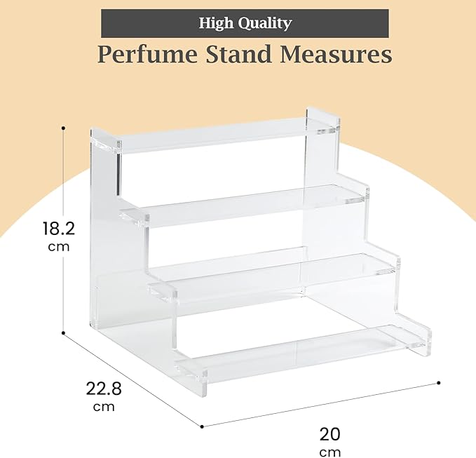 4-Tier Acrylic Display Riser Stand – 22.8x20x18.2cm Clear Perfume Stand for Display on Vanity, Countertops, & Retail Use – Tiered Acrylic Shelf for Figures, Cupcakes, Bottles, & Desserts