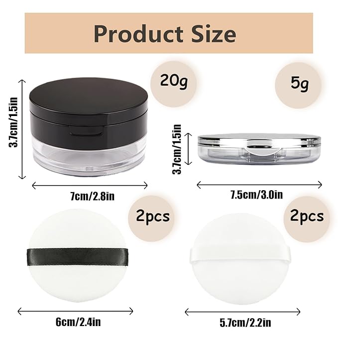 6PCS Loose Powder Container with Mirror and Strainer Empty Powder Loose Powder Reusable Plastic Compact Case with Mirror and Elasticated Net Sifter and Their Matching 4 Powders
