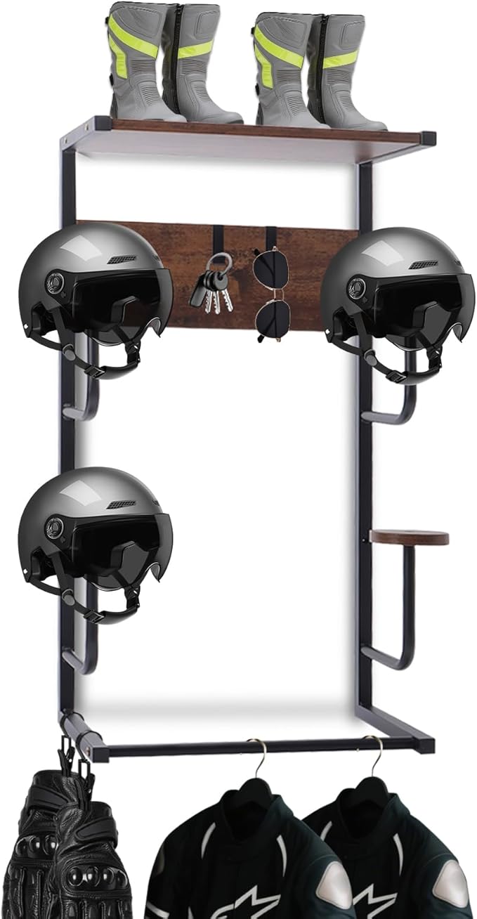 Motorcycle Helmet Holder, Durable Helmet Rack with Wooden Board, Helmet Wall Mount for Bike Accessories Storage, Vintage Black Finish for Garage Organization