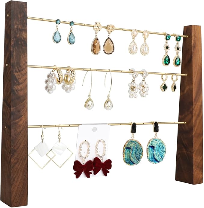 GemeShou 3 Tiers Walnut Earring display stands for selling, Wooden Jewelry Shelf, Earring Storage Organizer, Brass earring holders with 42 holes for stud Dangle Hoop【Walnut 3-Tier Height 9.45"】