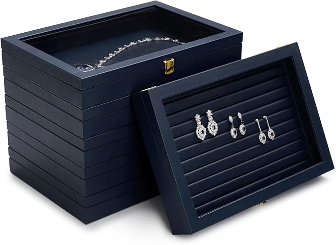 Oirlv Premium Blue Leather 24 Grid Jewelry Tray with Transparent Lid Earrings Rings Organizer Box Stackable Jewelry Box Drawer Inserts Women Gift