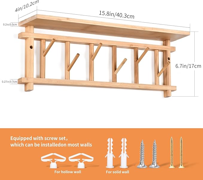 Coat Rack Wall-Mounted with Shelf Coat Hooks Wall Mount with Shelf Entryway Hanging Shelves with 6 Rotating Hooks for Hallway/Living Room/Bedroom/Kitchen (Bamboo)