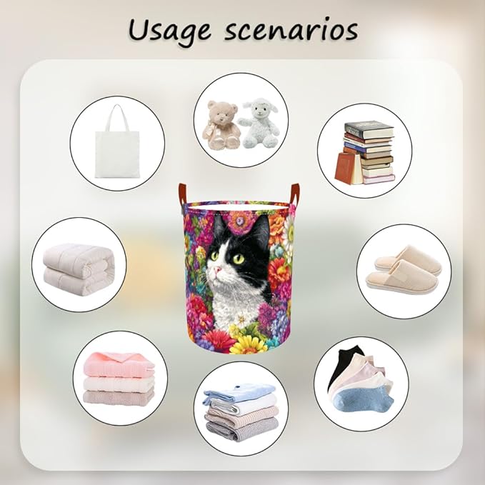 Laundry Baskets 15.7x19.7 Inch Large Cat Floral Garden Design Collapsible Laundry Hamper with Handles Oxford Fabric Clothes Storage Bin Foldable Dirty Clothes Organizer for Bedroom Bathroom Dorm