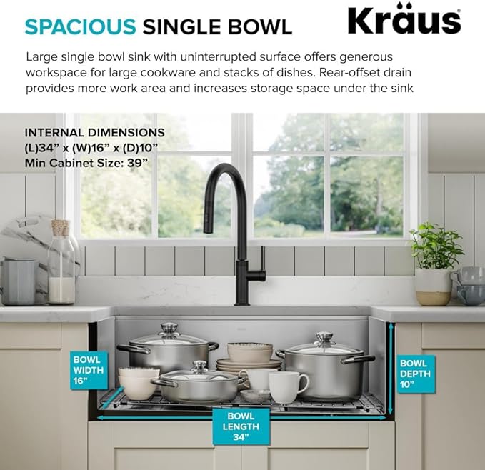 KRAUS Kore 36-Inch Farmhouse Workstation 16 Gauge Single Bowl Stainless Steel Kitchen Sink with Accessories, KWF210-36