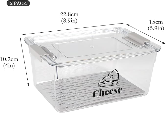 Cheese Holder Food Storage, Airtight Cheese Storage Box with Lid- Non Toxic, Lunch Meat Storage Sandwich Ham Cheeses Salami Sliced Turkey for Refrigerator to Keep Food Fresh,Clear-2Pack