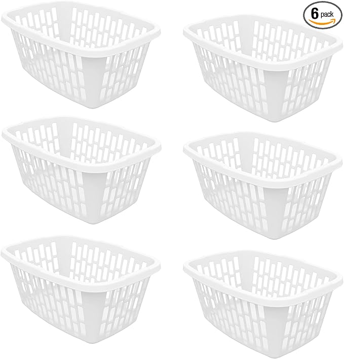 (6 Pack)1.5 Bushel Rectangular Laundry Basket with Handles,Stackable Plastic Laundry Hamper,White Ventilated Design for Easy Carrying & Storage