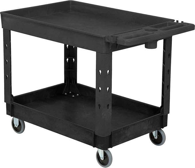Global Industrial Industrial Service & Utility Cart, Plastic 2 Tray Black Shelf, 44” x 25-1/2”, 5" Rubber Casters