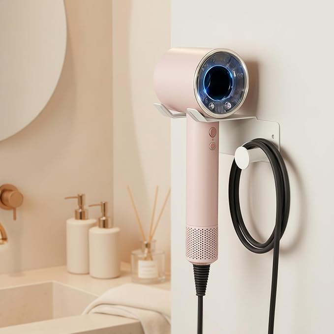 Hair Dryer Holder, Stainless Steel Blow Dryer Holder Self Adhesive, Dyson Hair Dryer Holder Wall Mounted Compatible with Dyson, Hairdryer Holder for Bathroom White PTALSEAW