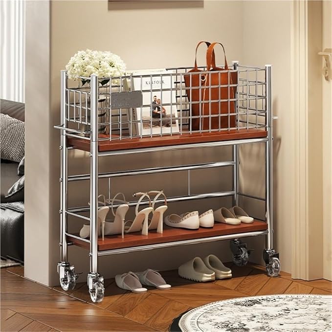 Slim Storage Cart with Wheels, 2 Tier Rolling Cart with Solid Wood Open Shelf, Space-Saving Snack Cart, Utility Cart for Kitchen, Bathroom, Living Room