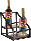 Coffee Syrup Rack Organizer,Liquor Bottle Display Shelf,2-Tier 4 Bottle Stand for Coffee Bar, Kitchen Station, Liquor, Wine, Dressing,Rustic Brown