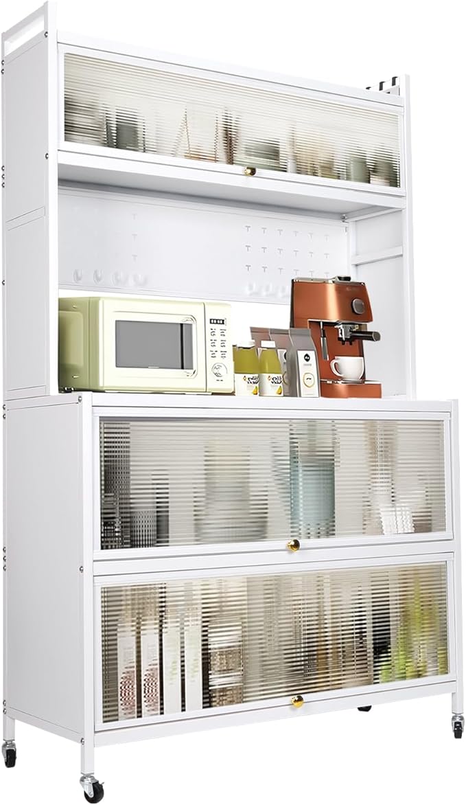 Mobile Kitchen Storage Cart with Wheels,Wheeled Multi-Layer Floor Storage Cabinet with Locker Hole Board Freestanding Storage Cabinet Rust Proof Microwave Oven Pot Oven Rack