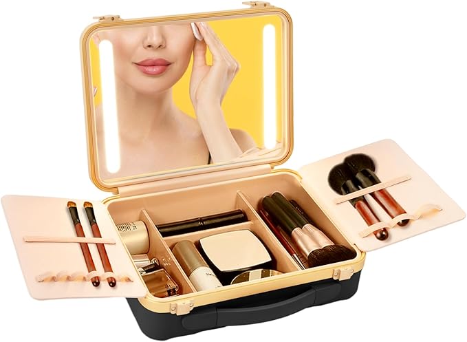 Portable Makeup Box, 11.42 * 3.54 * 8.66 In Travel Makeup Train Cases Cosmetic Organizer Portable Make Up Storage Box with Led Mirror for Makeup Artists Hair Stylists Nail Technicians (Black)
