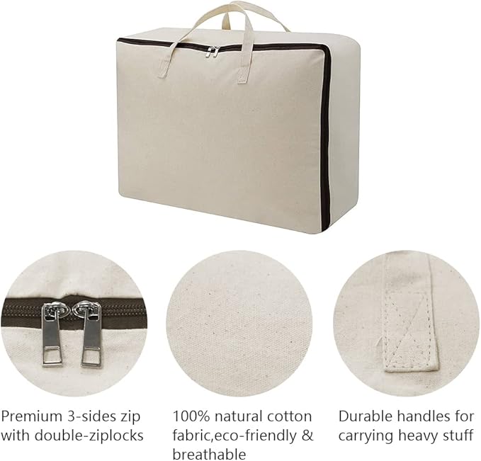 AMJ Set of 3, Canvas Storage Bag with 3-Side Zip Open & Handles, 8OZ Thick Soft Breathable Closet Organizer for Beddings, House Move or Winter Garment Storage in Wardrobe, Beige
