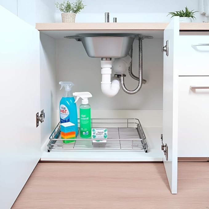 Sliding Cabinet Organizer Pull Out Shelves (11" W x 21" D), Heavy-Duty Slide Out Shelf, Steel Metal Cabinet Roll Out Shelves for Kitchen Bathroom, Chrome