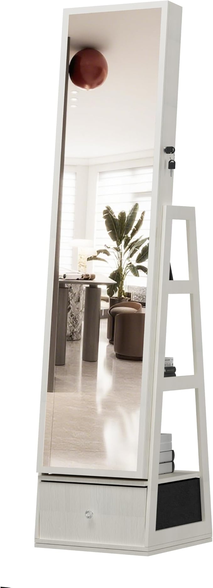 Montary Jewelry Cabinet with Full-Length Mirror - Freestanding Jewelry Armoire with Lockable Storage, Built-In Lighted Mirror & Back Storage Cabinet, White