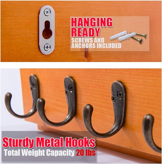 Flintar Wall Mounted Key and Mail Holder with 4 Hooks. Made of Solid Wood. Use as Key Rack, Entryway or Mudroom Organizer, Mail Sorter, Magazine Holder, Bill Sorter, Rustic Home Décor (Oak)