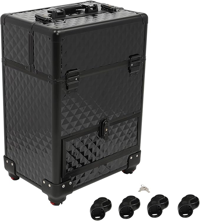 Rolling Makeup Train Case with Drawers, Portable Rolling Makeup Cart with Wheels, Black Cosmetology Storage Cart with 6 Compartments for Makeup Artists, Hairdressers, Pet Groomers
