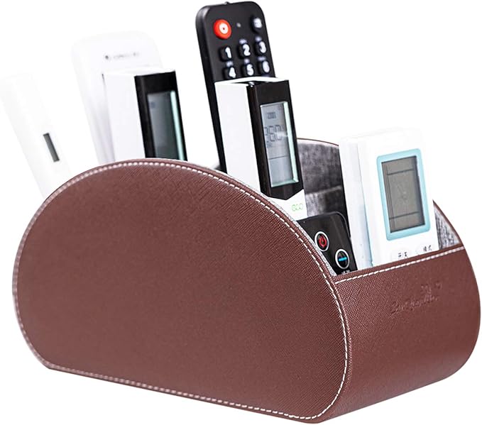 Wide Remote Control Holder , PU Leather Organizer Box with 5 Compartments for Table Office ,Remote Caddy Desktop Storage with Phone Holder, Home Accessories for Controllers , Media Player (Brown2)