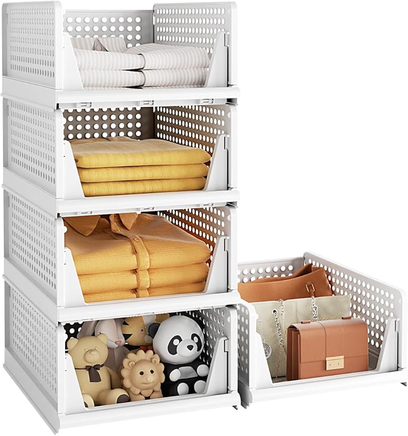 5 Pack Closet Organizer System, Stackable Plastic Clothes Storage Basket, Stackable, Foldable Organizers for Wardrobe Clothes Organizer Suitable for Bedrooms Bathrooms Kitchen Living Rooms Office Dorm