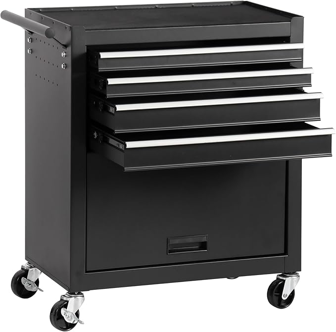 4-Drawer Rolling Tool Chest, Cabinet with 4 Wheels Tool Chest with Drawers, Suitable for Garages, Warehouses, Workshops, Repair Shops, Black