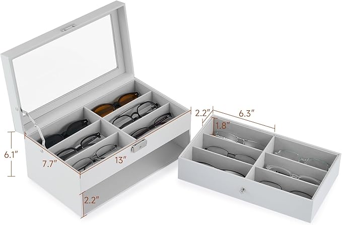 CO-Z Sunglasses Organizer with 12 Slots, Leather Eyeglasses Storage Box for Women Men, 2 Story Lockable Display Case for Multiple Glasses, Sunglasses Jewelry Collection Holder with Drawer, White