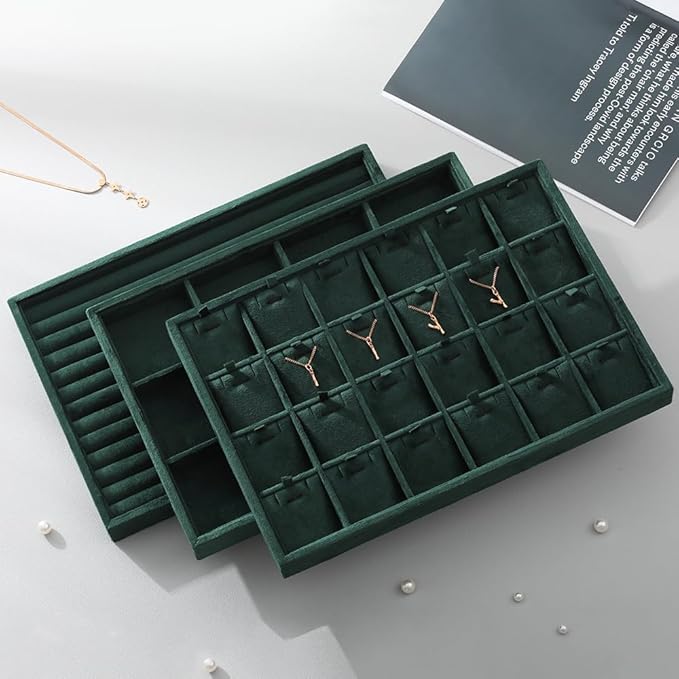 Velvet Necklace Display Tray, Stackable 24 Grid Insert Pendant Necklaces Storage Holder Plate, Jewelry Retail Countertop Organizer (Green)