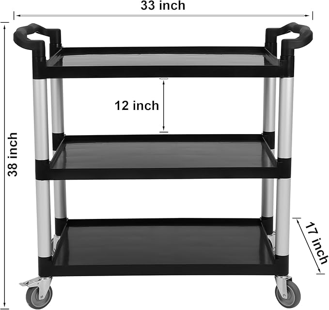 3-Tier Heavy Duty Utility Cart with Wheels, 43" Lx 21" W x 38" H, Durable Rolling Cart for Restaurant, Office, Kitchen, and Warehouse Use, Lockable 360° Swivel Casters Service Cart, Black