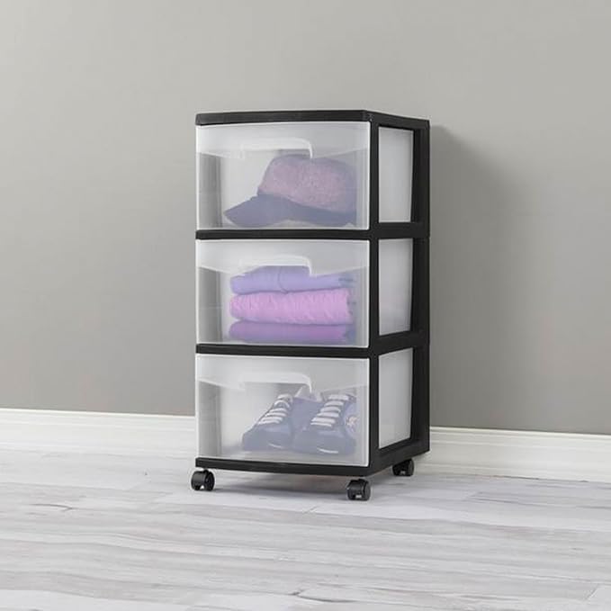 Sterilite 4-Pack 3-Drawer Rolling Plastic Storage Cart, Black Frame and Clear Drawers – Home, Office, or Dorm Portable Organizer with Removable Wheels