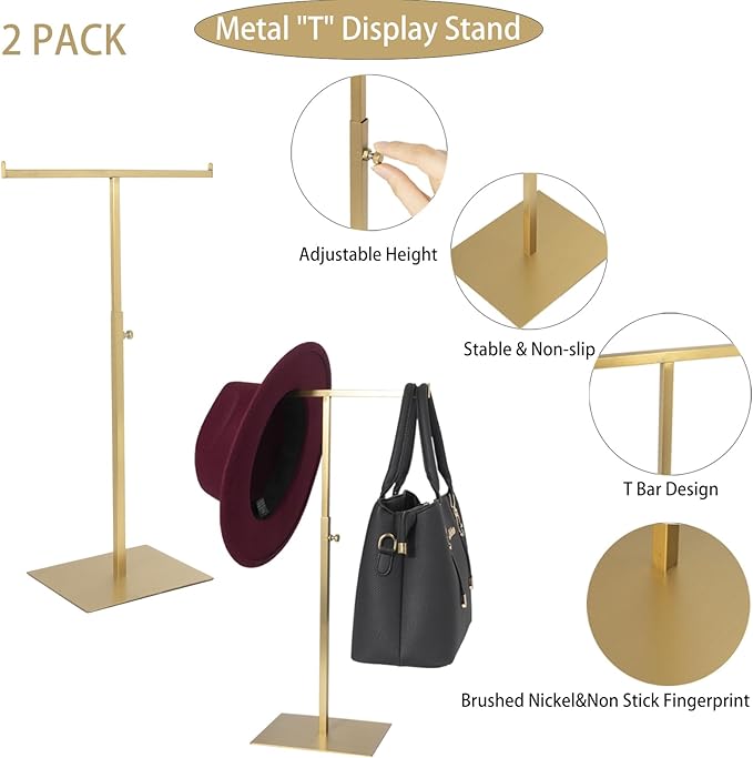 Display Stand Stainless Steel Jewelry Towers Bag Stand Tabletop Double Hook Hanging Jewelry Stands for Necklaces Organizer Stand Adjustable Height Home Store Boutique, Gold