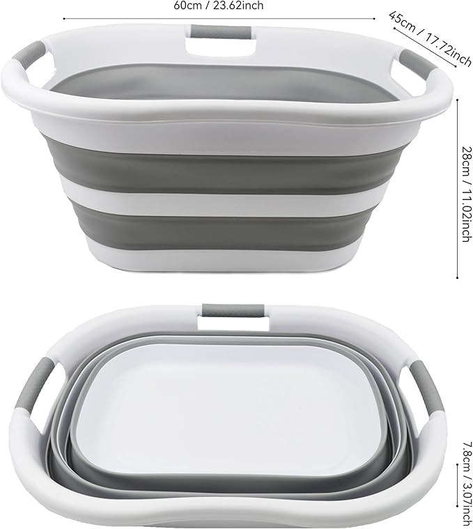 SAMMART 40L (10.5 gallons) Collapsible Plastic Laundry Washing Tub - Foldable Pop Up Laundry Basket/Hamper - Portable Washing Tub - Pop Up Saving (White/Grey)