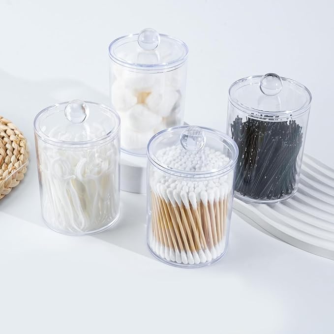 2 Pack Qtip Holder,Canister Apothecary Jar Set, Bathroom Jars with Lids Set for Cotton Swabs, Balls, Pads, Floss Picks,10oz-12oz Plastic Canisters Restroom Bedroom Vanity Organizer(Clear)