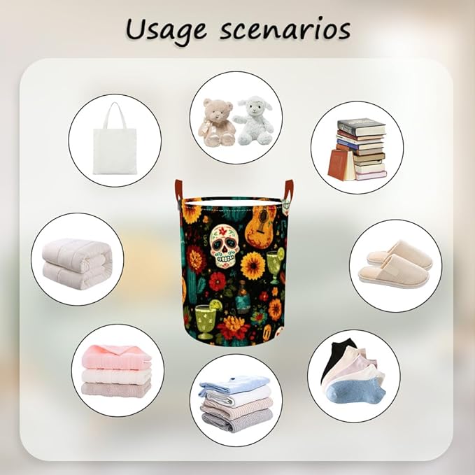 Laundry Baskets 15.7x19.7 Inch Day of the Dead Skull Guitar Cocktail Design Collapsible Laundry Hamper with Handles Oxford Fabric Clothes Storage Bin Foldable Dirty Clothes for Bedroom Bathroom