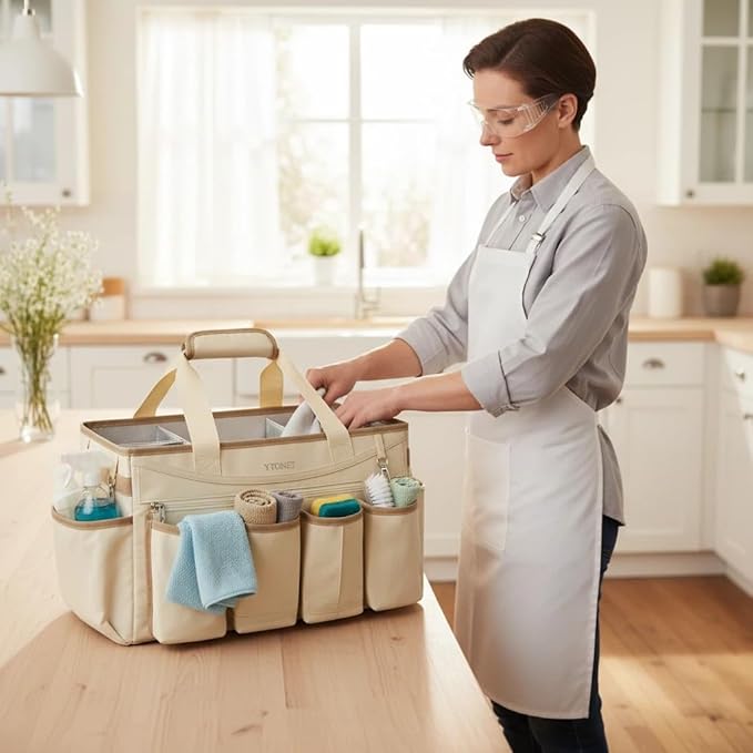 Ytonet Cleaning Caddy Bag with Detachable Apron, Extra Large Cleaning Supplies Organizer with Foldable Dividers, Portable Cleaner Tote with Handle, Cleaner Caddy for Kitchen, Detailing Bag, Apricot