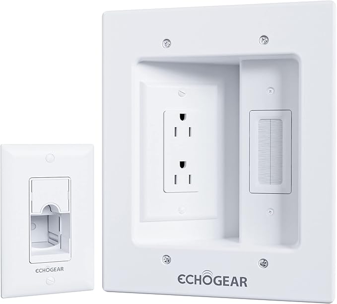 ECHOGEAR TV Cord Hider for Wall Mounted TV – Dual Outlet in-Wall Cable Management Kit for Power & Low Voltage Cables – Includes 6.25”L x 8”H x 3.95”D Module, Wall Template, Saw, 6ft Extension Cord