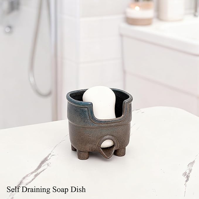 Ceramic Sponge Holder with Drainage, Farmhouse Sink Caddy Organizer, Self Draining Design for Sponges,Soap,Brushes, Compact Rustic Kitchen Accessory, Keeps Counter Dry（Country Blue）