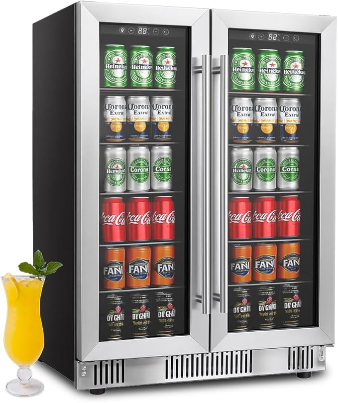 5.4 Cubic Feet/176 Can Fridge, 24 inch Freestanding Beverage Refrigerator Dual Zone with Glass Front Door for Soda, Beer Under Counter Drink Refrigerator with Adjustable Shelves(Silver)