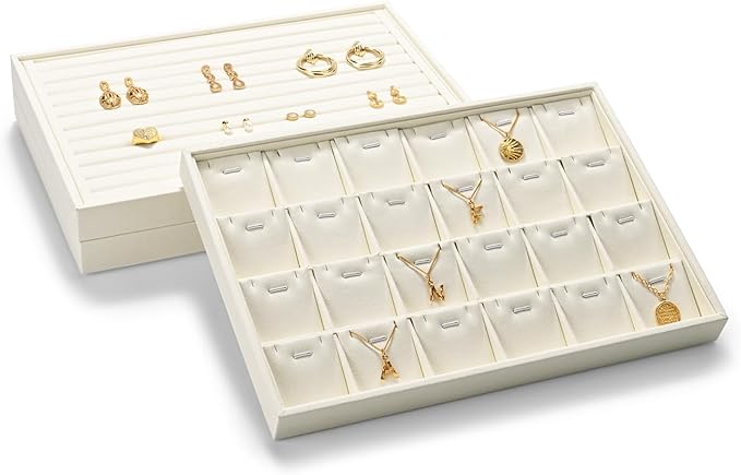 24 Grids Necklace Display Tray, Stackable Jewelry Organizer Trays, Microfiber Necklace Bracelet Pendant Holder Storage Display (Beige)