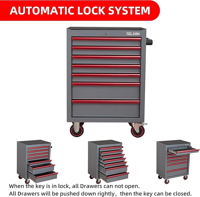 7-Drawer Rolling Tool Chest with Locking Wheels & Drawers, 18.11" D x 26.61" W x 38.3" H Mobile Tool Storage Cabinet, Heavy-Duty Garage Organizer with Ergonomic Handle