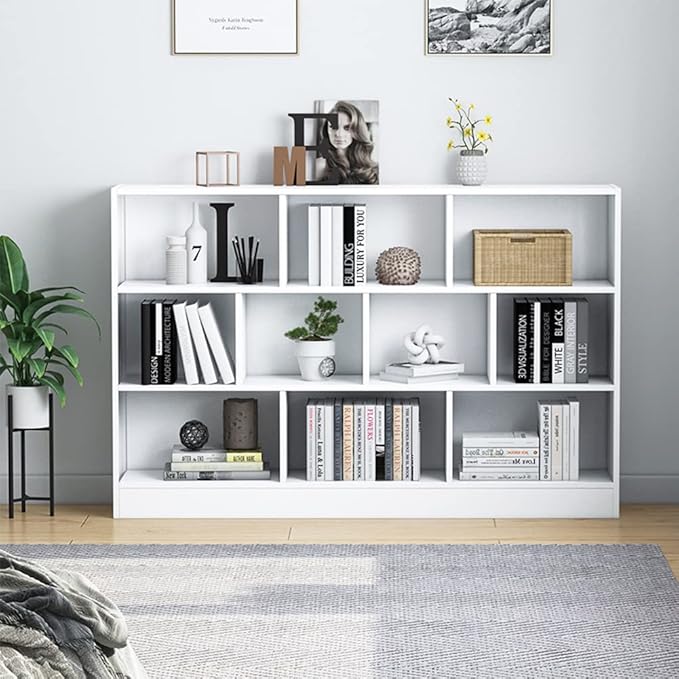 IOTXY Open Shelf Low Bookcase - Wooden 3-Tier Floor Standing Display Cabinet Organizer with Base, 10 Cubes Short Horizontal Bookshelf in Warm White