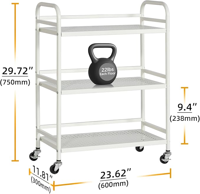 HDANI 3 Tier Metal Rolling Heavy Cart Supports 40 Lbs Per Tier,Mesh Rolling Cart with 2 Lockable Wheels for Office,Home,Bedroom,Kitchen,Bathroom(White)