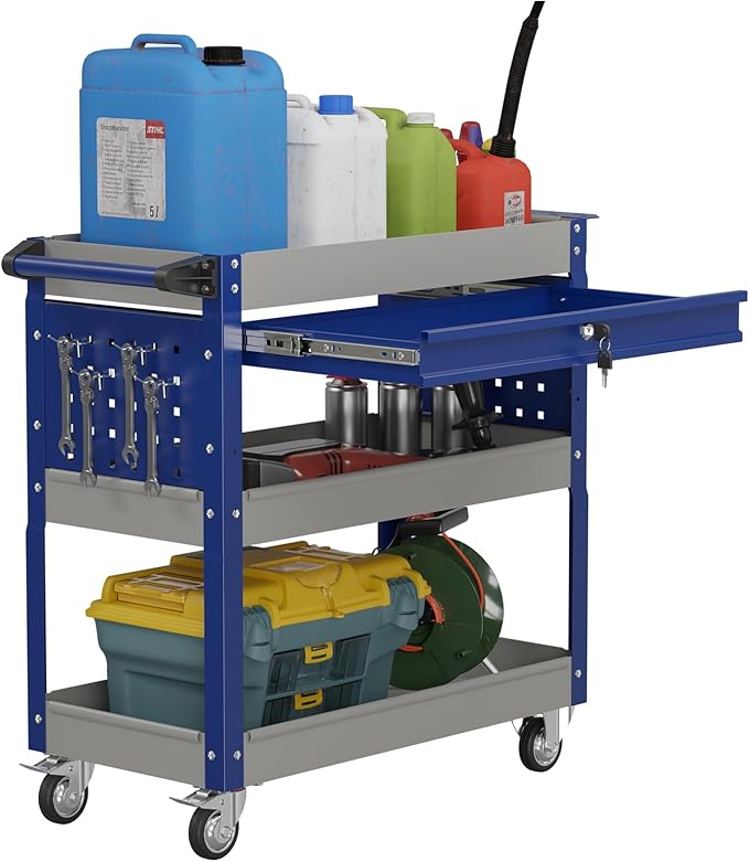 Heavy Duty 3 Tier Tool Cart, Mechanic Metal Rolling Tool Cart with Storage Drawers for Garage Workshop
