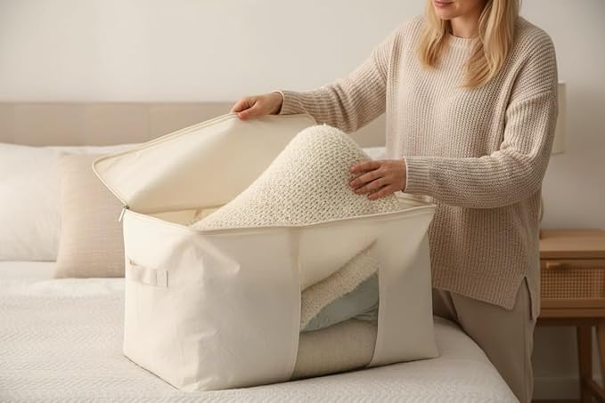 Soft Canvas Clothes Storage Bags with Four Carrying Handles and Clear Window, Closet Organizer for Clothing, Blankets Sheets and Bedding, 55L, Beige