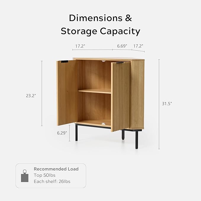 Fluted Corner Cabinet, Modern Small Corner Floor Cabinet with 2 Doors and 2-Tier Shelves, Freestanding Narrow Organizer for Living Room Kitchen Bathroom, Natural Oak